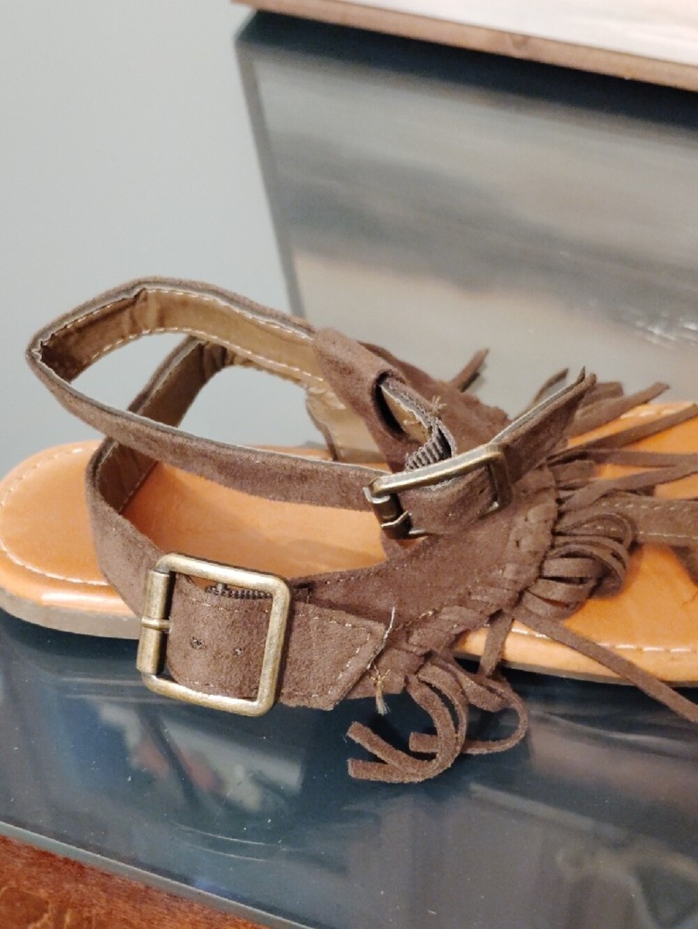 Kids Brown/Olive Green Fringe Sandals - Picture 2 of 4